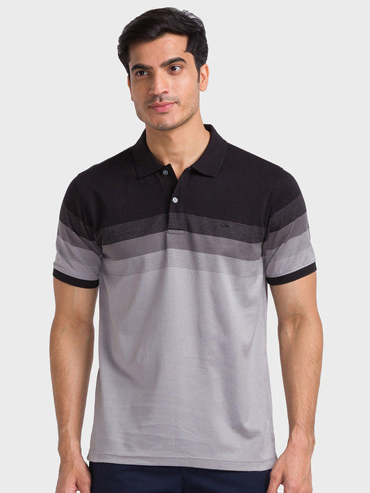 Colorplus Men Black Woven Design Tailored Fit Half Sleeve Polo Neck T-Shirt