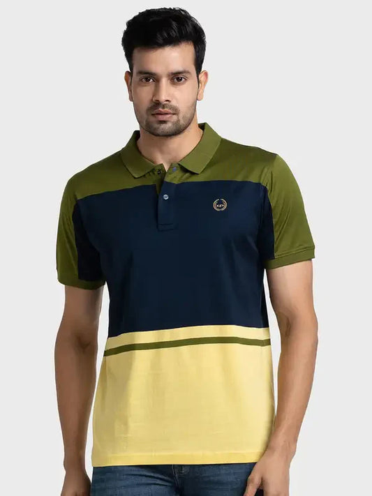 Men Green Tailored Fit Stripe Engineered Cotton Half Sleeve T-Shirt