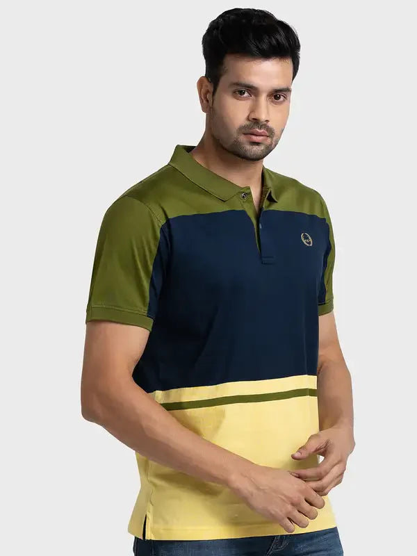 Men Green Tailored Fit Stripe Engineered Cotton Half Sleeve T-Shirt