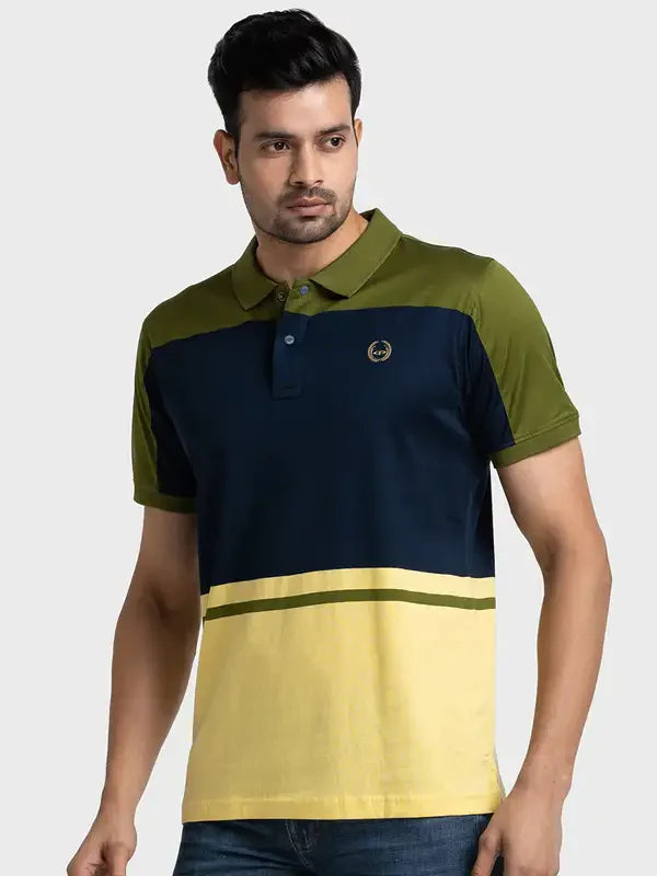 Men Green Tailored Fit Stripe Engineered Cotton Half Sleeve T-Shirt