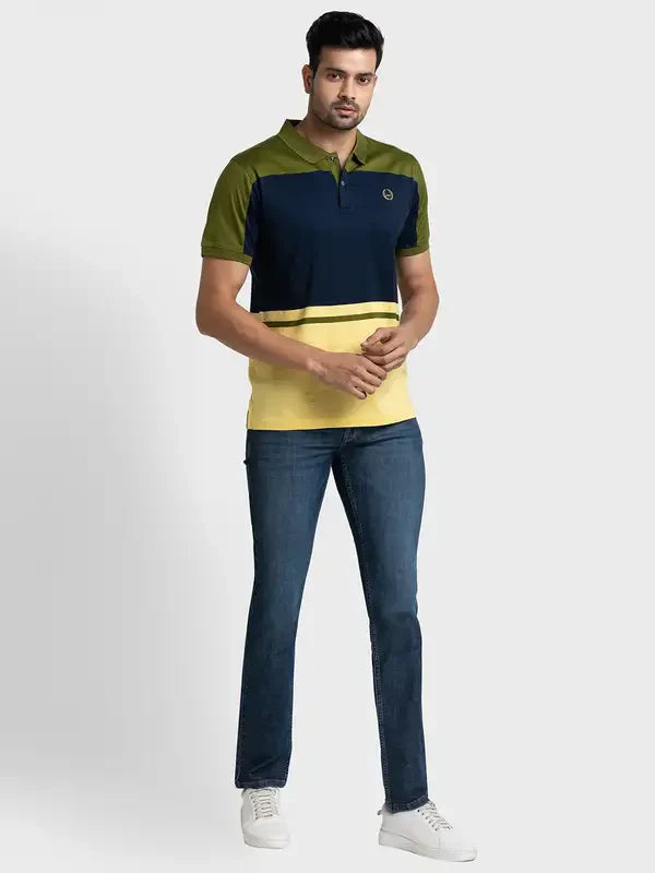 Men Green Tailored Fit Stripe Engineered Cotton Half Sleeve T-Shirt