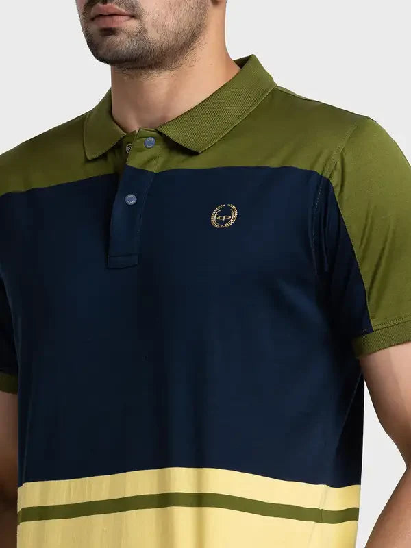 Men Green Tailored Fit Stripe Engineered Cotton Half Sleeve T-Shirt