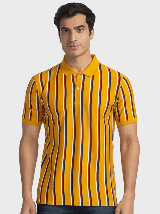 Men Yellow Tailored Fit Stripe Cotton Half Sleeve T-Shirt