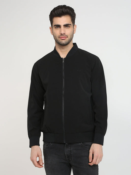 Colorplus Men Black Solid Regular Fit Nylon Blend Full Sleeve Jacket