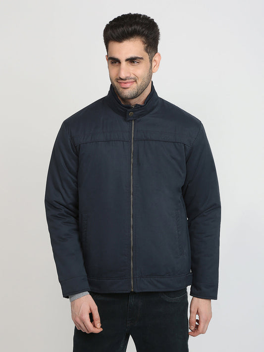 Colorplus Men Blue Solid Regular Fit Pollyester Blend Full Sleeve Jacket