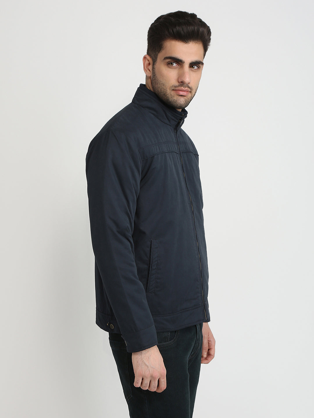 Colorplus Men Blue Solid Regular Fit Pollyester Blend Full Sleeve Jacket