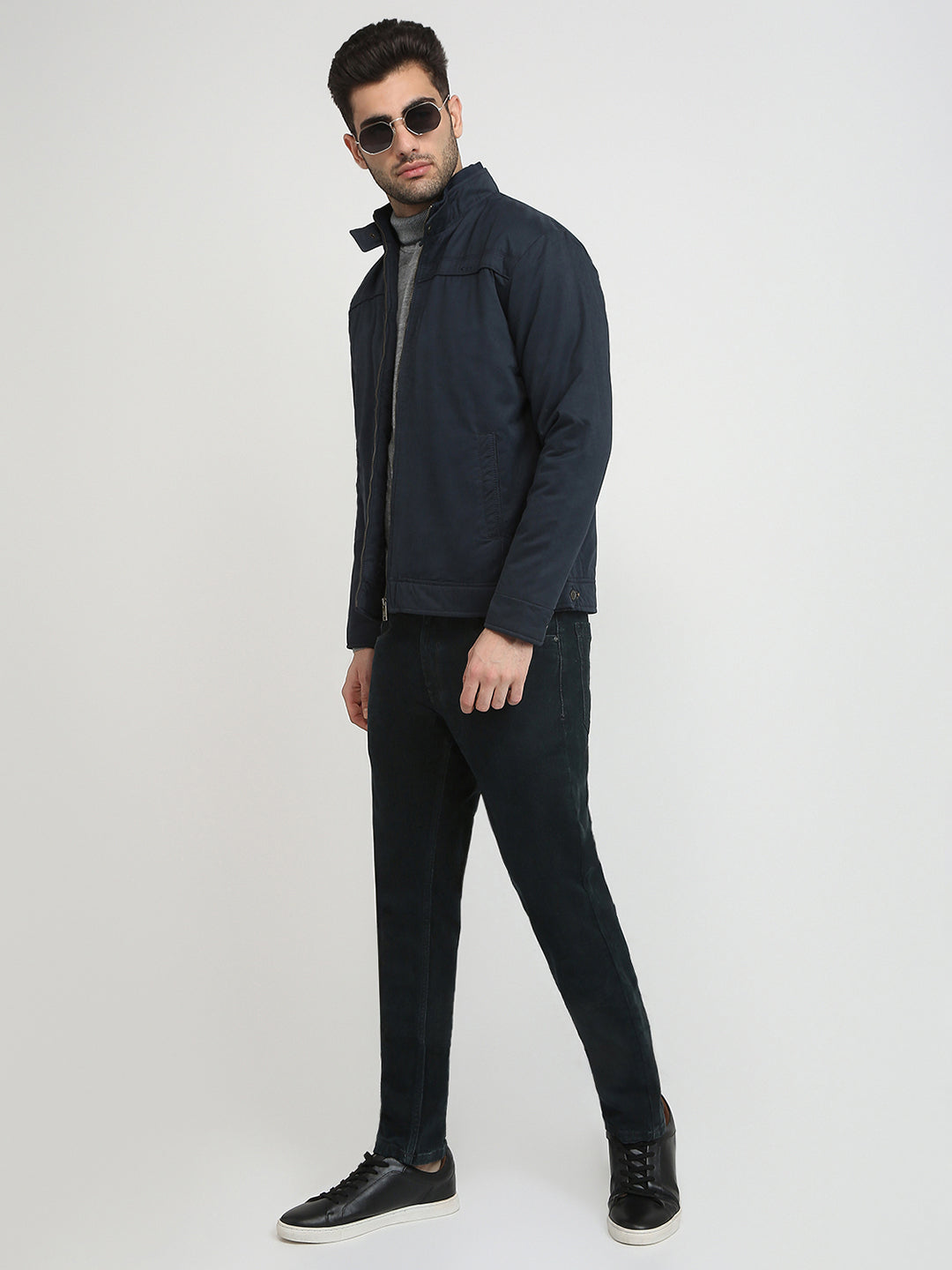 Colorplus Men Blue Solid Regular Fit Pollyester Blend Full Sleeve Jacket