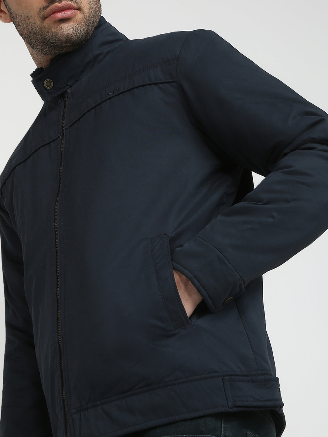 Colorplus Men Blue Solid Regular Fit Pollyester Blend Full Sleeve Jacket