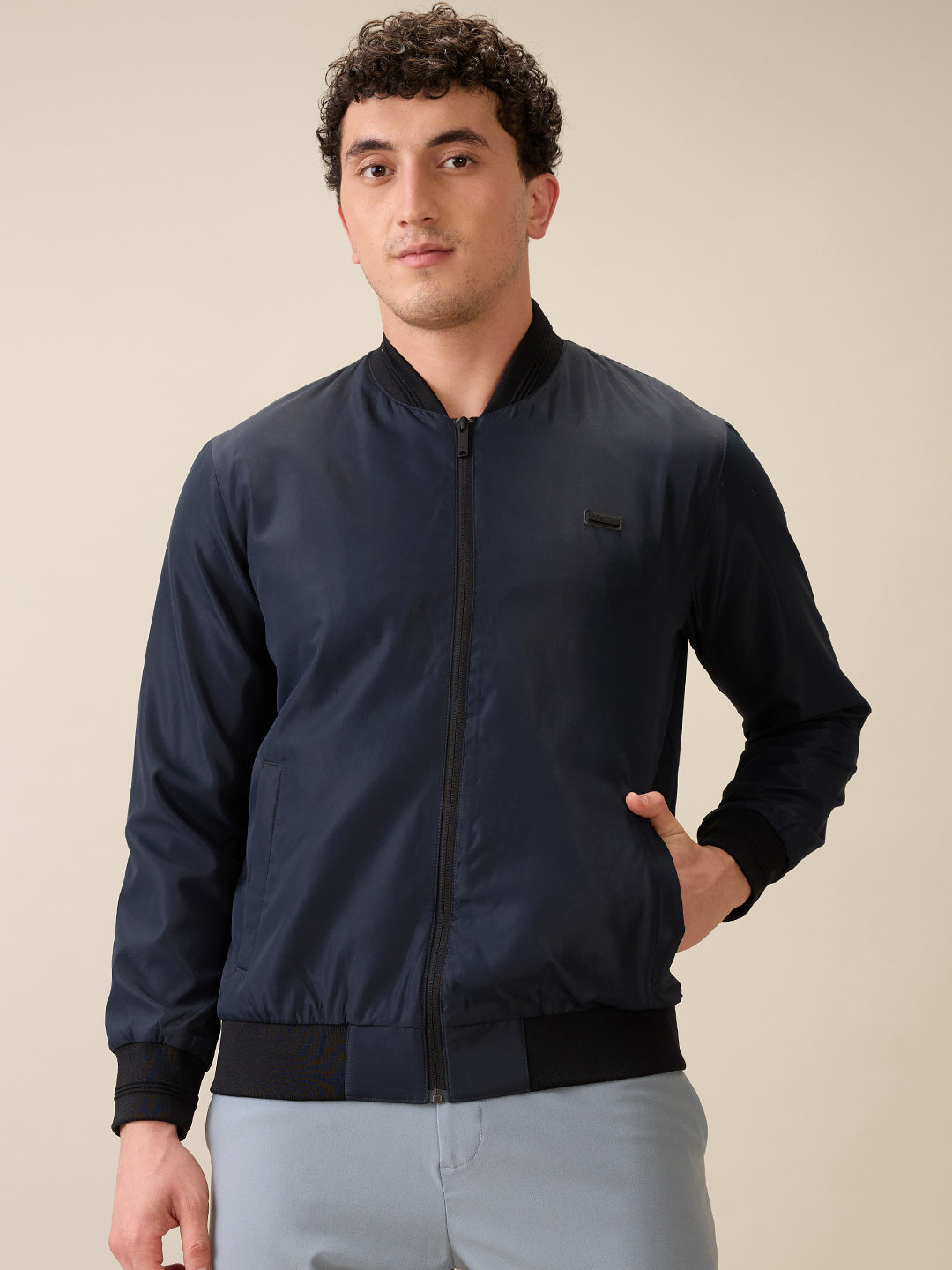 Colorplus Men Blue Solid Regular Fit Polyester Full Sleeve Jacket