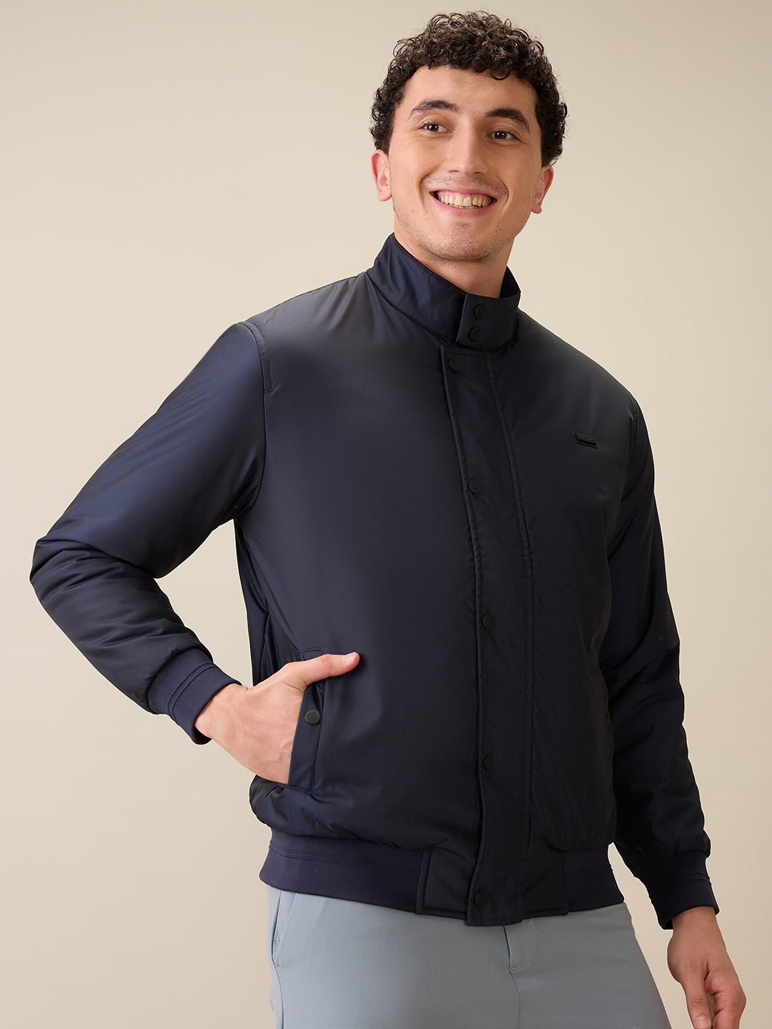 Colorplus Men Blue Solid Regular Fit Polyester Full Sleeve Jacket