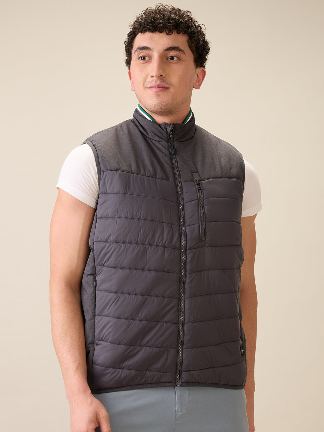 Colorplus Men Grey Solid Regular Fit Polyester Sleeveless Jacket