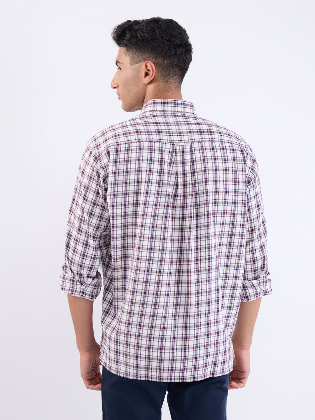 Colorplus Men Purple Checks Comfort Fit Cotton Blend Full Sleeve Casual Shirt
