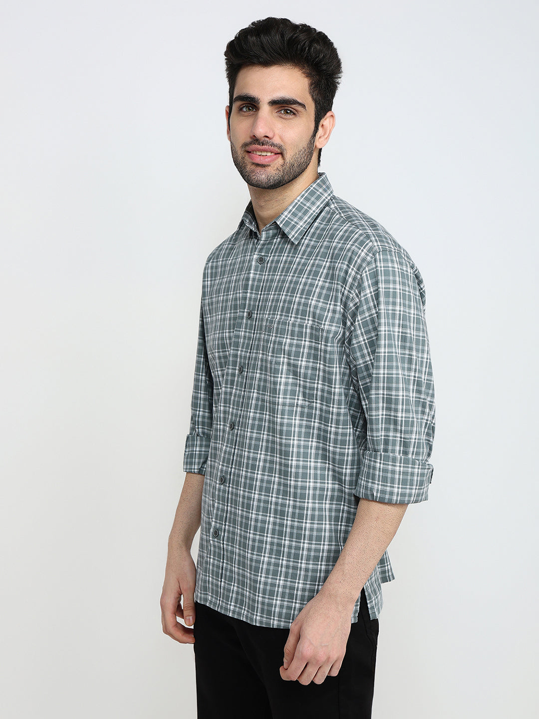 Colorplus Men Grey Checks Comfort Fit Cotton Full Sleeve Casual Shirt