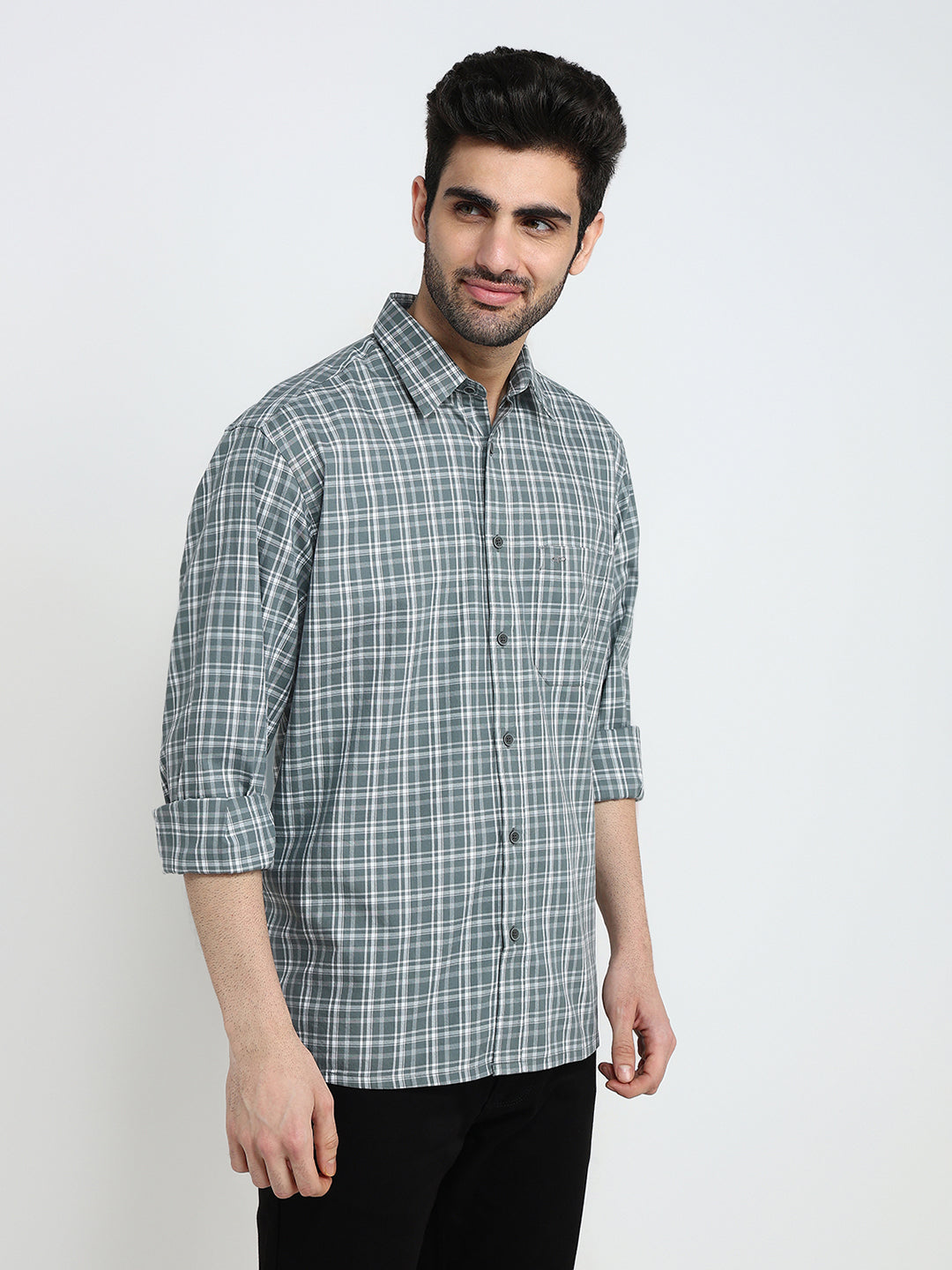 Colorplus Men Grey Checks Comfort Fit Cotton Full Sleeve Casual Shirt