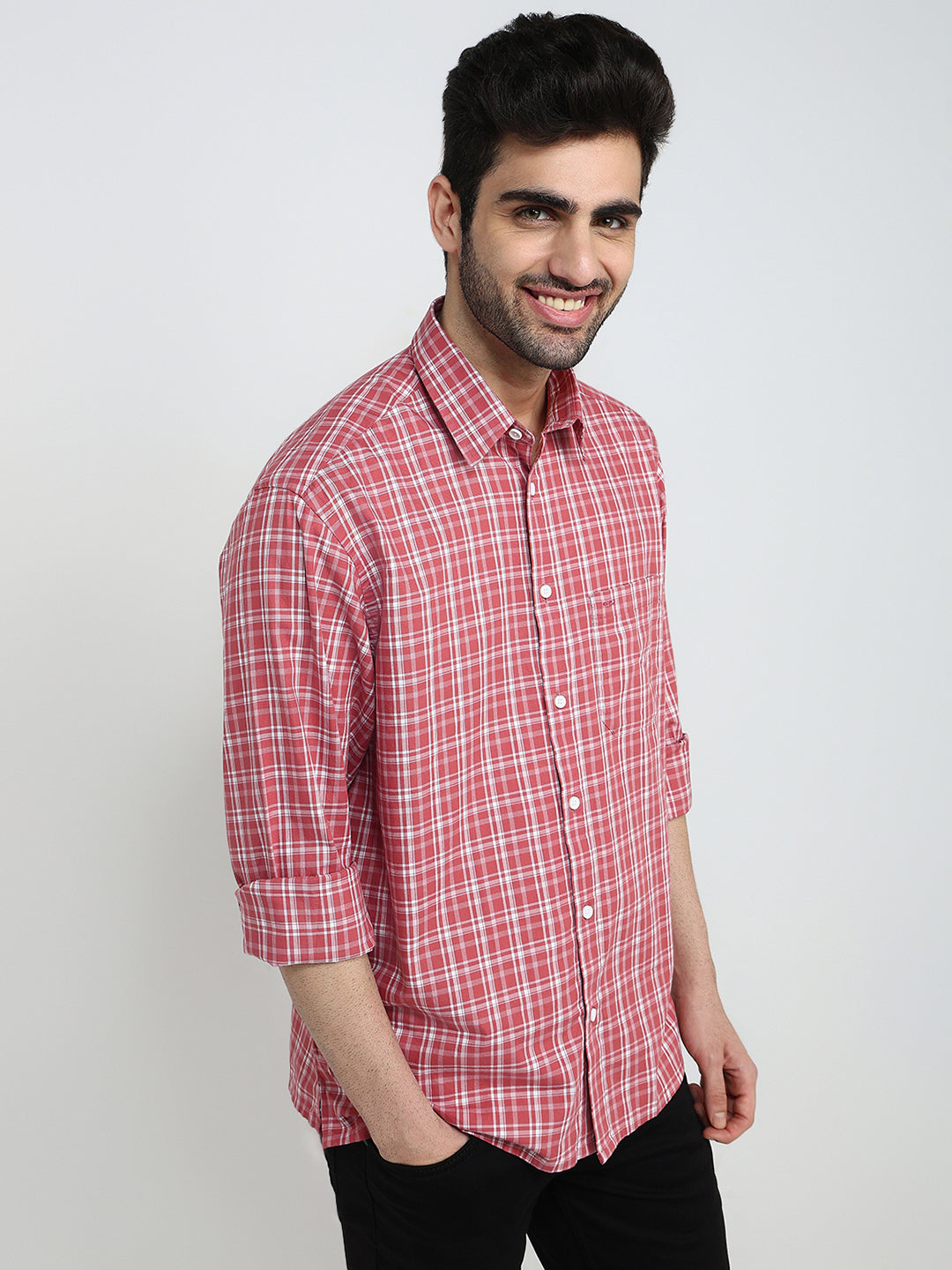 Colorplus Men Red Checks Comfort Fit Cotton Full Sleeve Casual Shirt