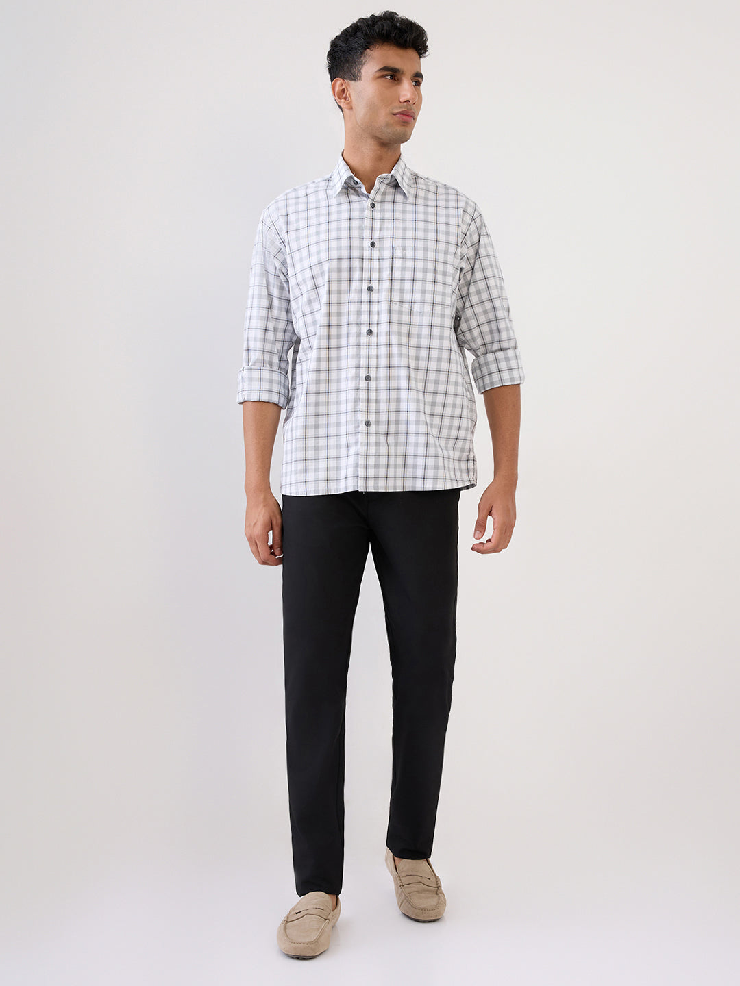 Colorplus Men White Checks Comfort Fit Cotton Full Sleeve Casual Shirt