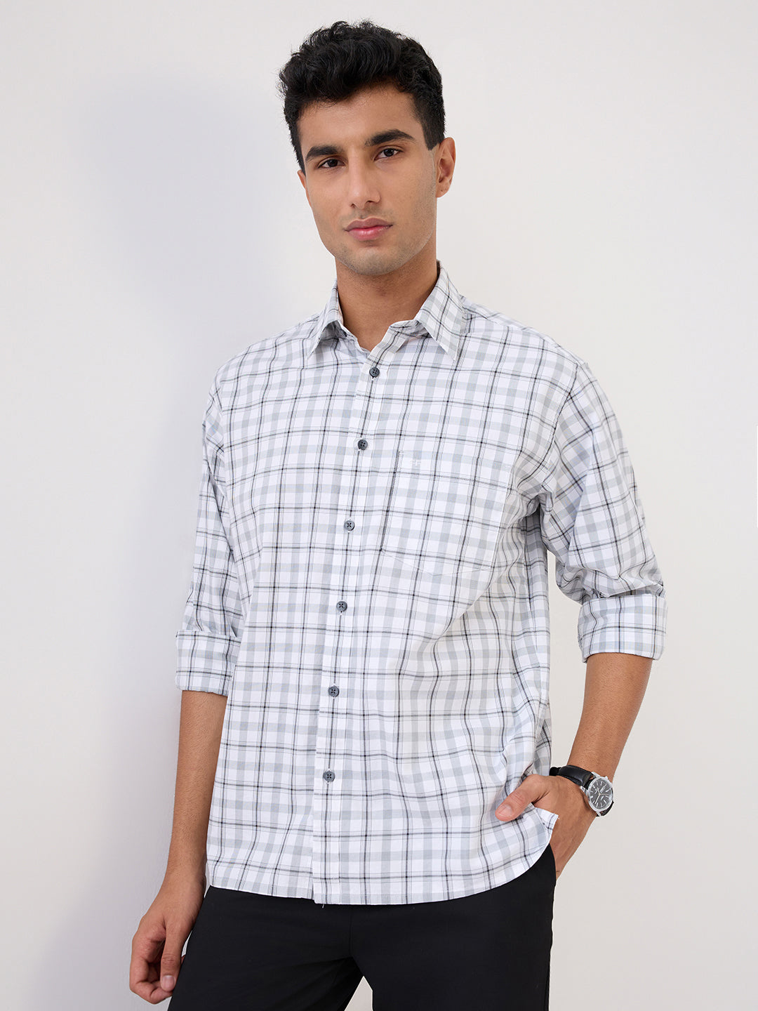 Colorplus Men White Checks Comfort Fit Cotton Full Sleeve Casual Shirt