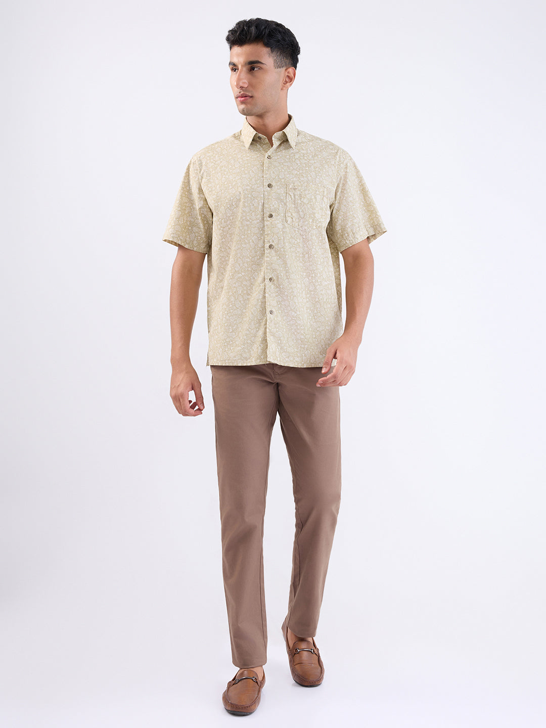 Colorplus Men Khaki Printed Comfort Fit Cotton Half Sleeve Casual Shirt