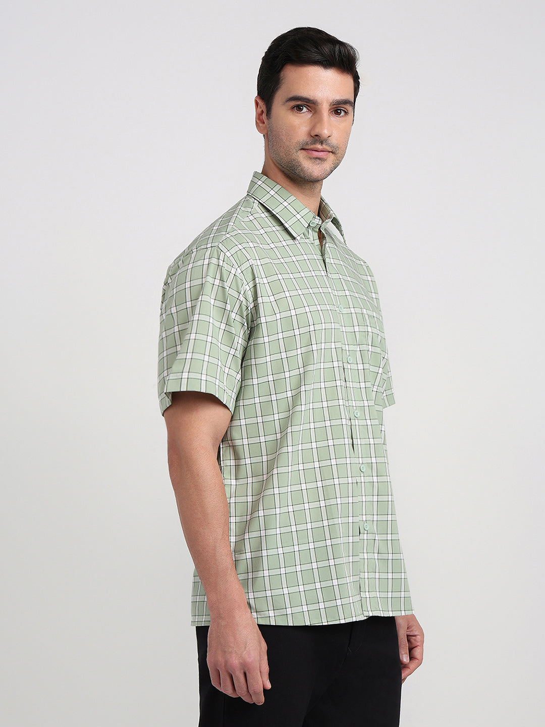 Colorplus Men Green Checks Comfort Fit Cotton Half Sleeve Casual Shirt