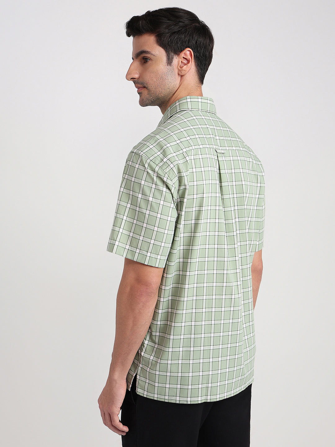 Colorplus Men Green Checks Comfort Fit Cotton Half Sleeve Casual Shirt