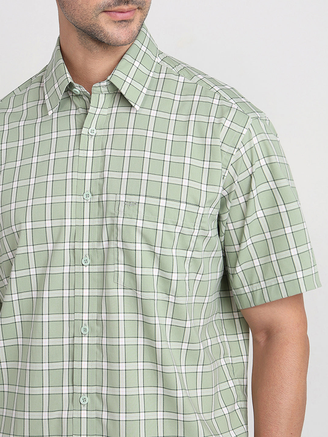 Colorplus Men Green Checks Comfort Fit Cotton Half Sleeve Casual Shirt