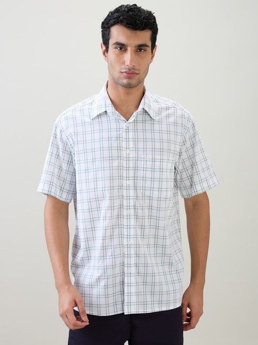 Colorplus Men White Checks Comfort Fit Cotton Half Sleeve Casual Shirt