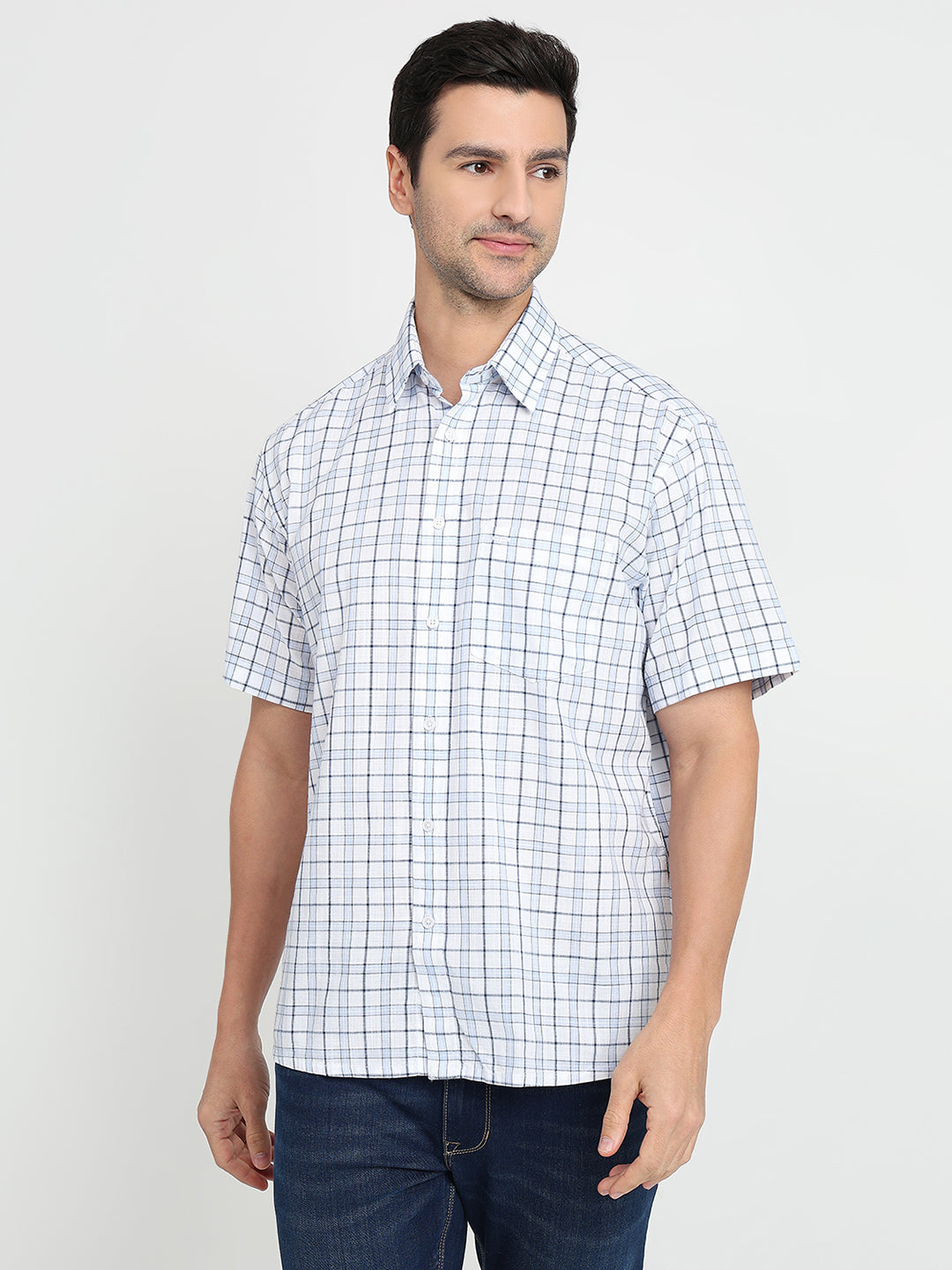 Colorplus Men Blue Checks Comfort Fit Cotton Half Sleeve Casual Shirt
