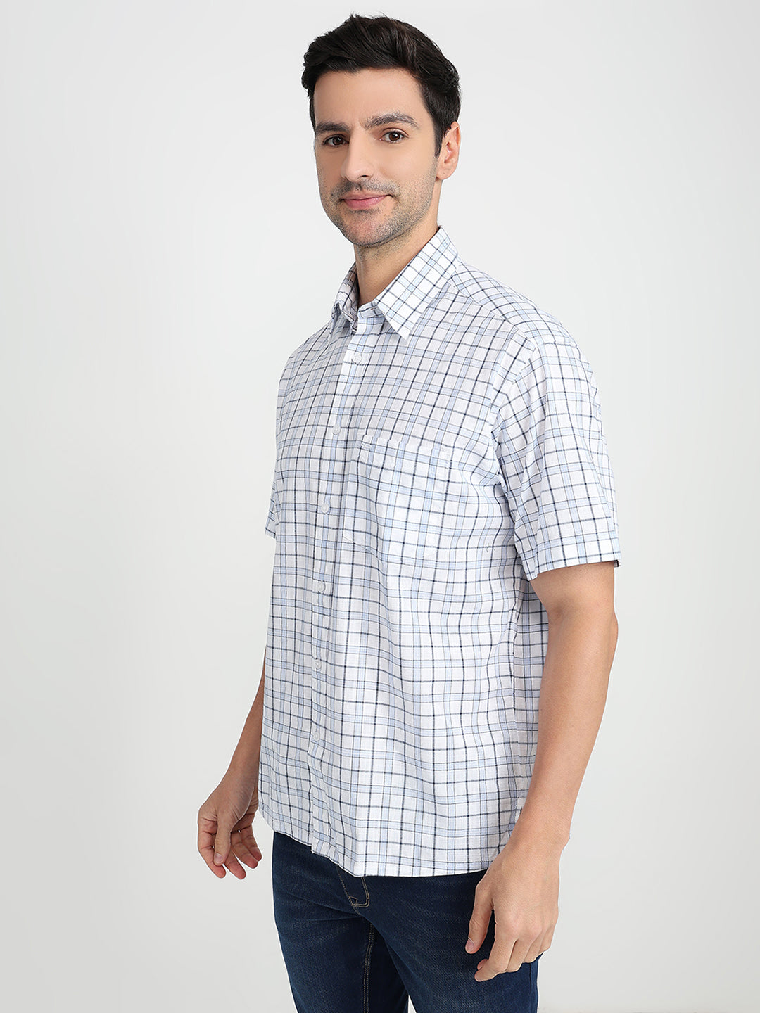Colorplus Men Blue Checks Comfort Fit Cotton Half Sleeve Casual Shirt
