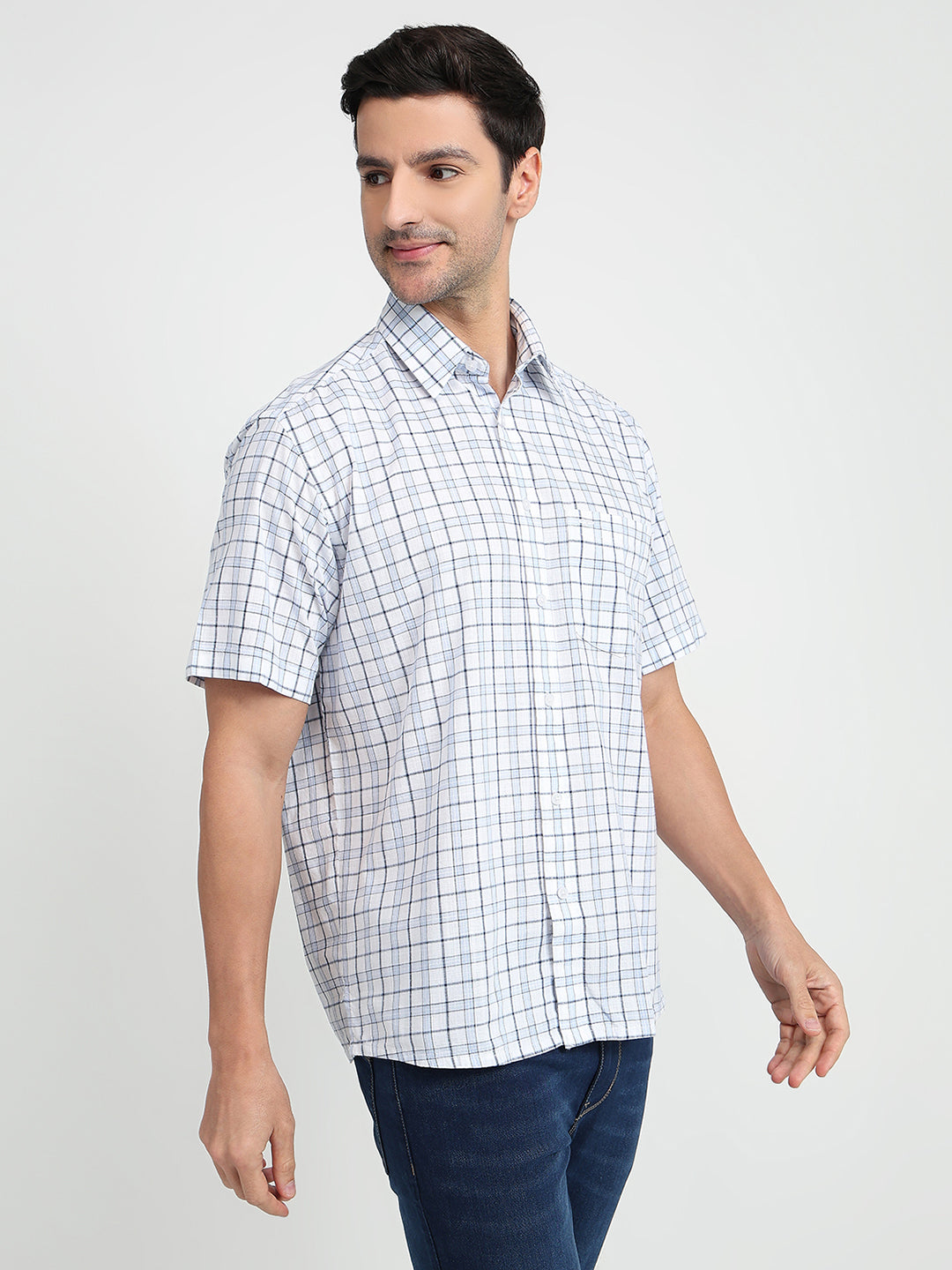 Colorplus Men Blue Checks Comfort Fit Cotton Half Sleeve Casual Shirt