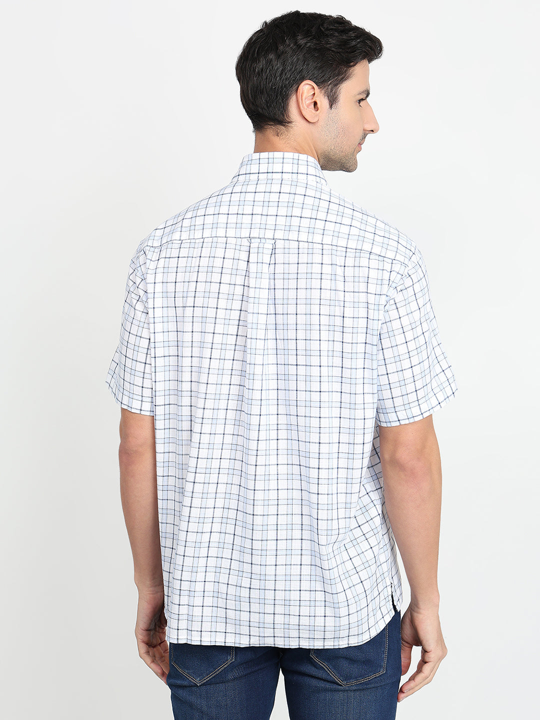Colorplus Men Blue Checks Comfort Fit Cotton Half Sleeve Casual Shirt