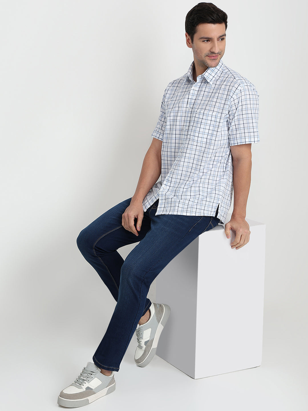 Colorplus Men Blue Checks Comfort Fit Cotton Half Sleeve Casual Shirt