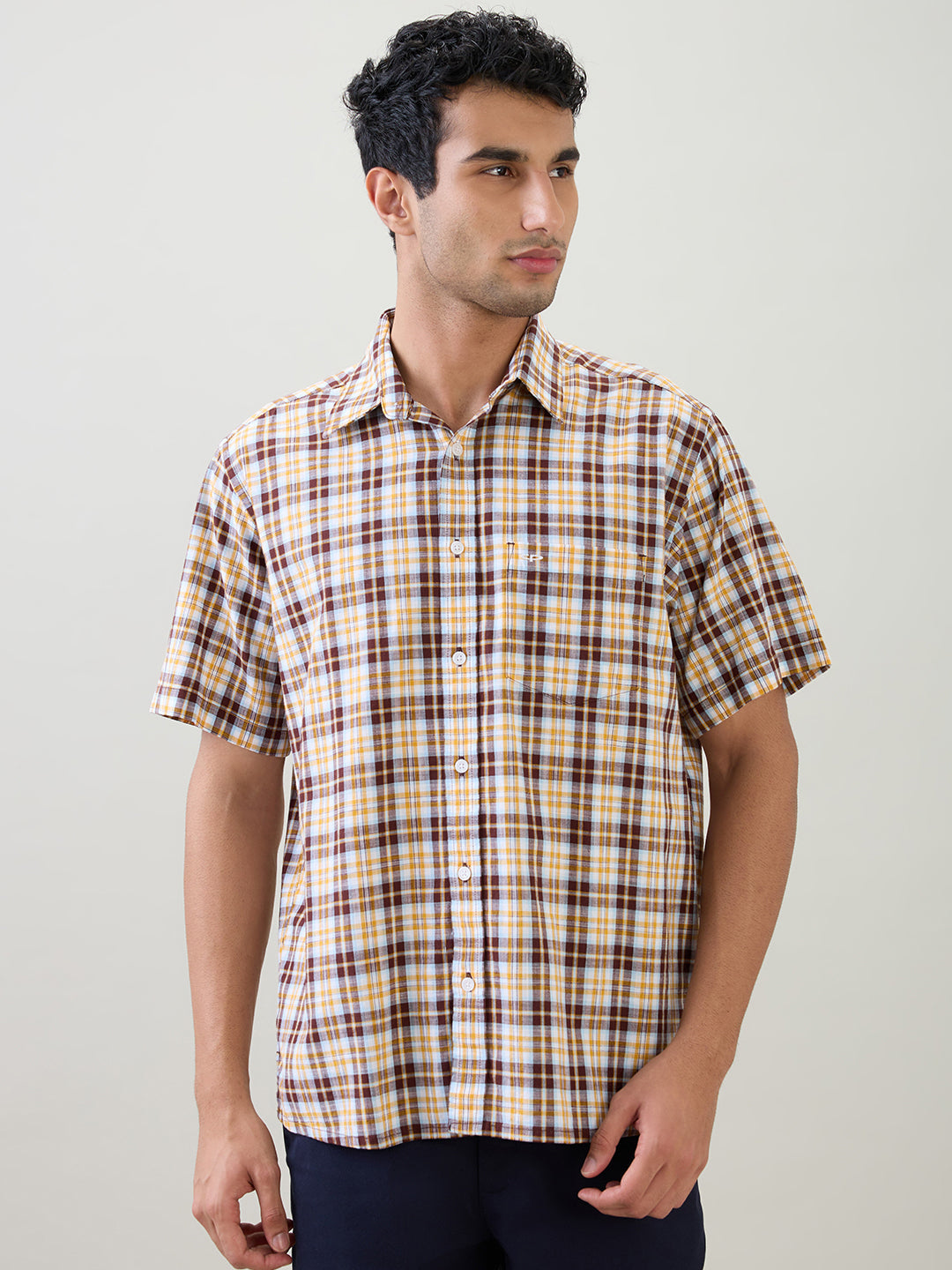 Colorplus Men Brown Checks Comfort Fit Cotton Half Sleeve Casual Shirt