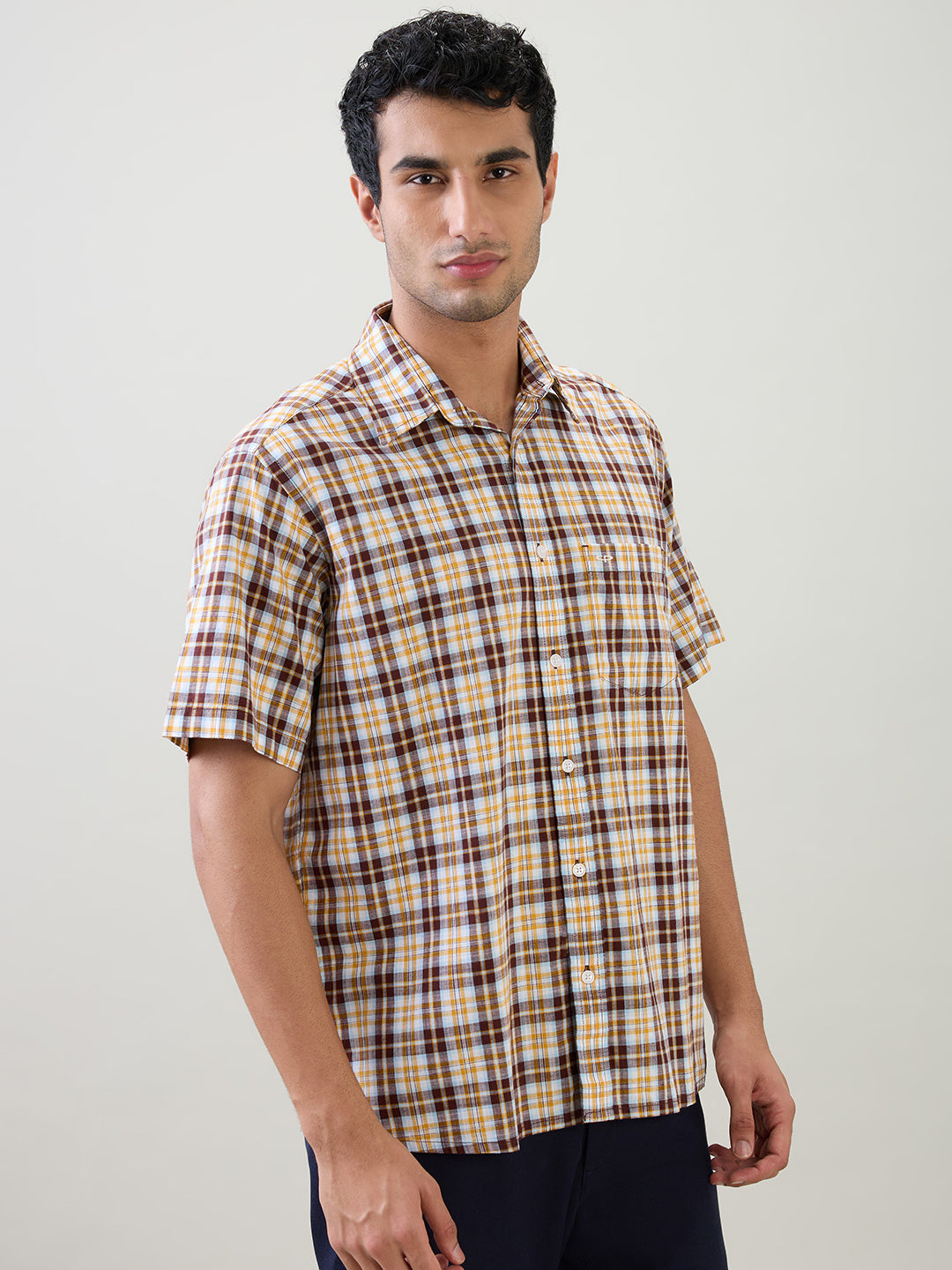 Colorplus Men Brown Checks Comfort Fit Cotton Half Sleeve Casual Shirt