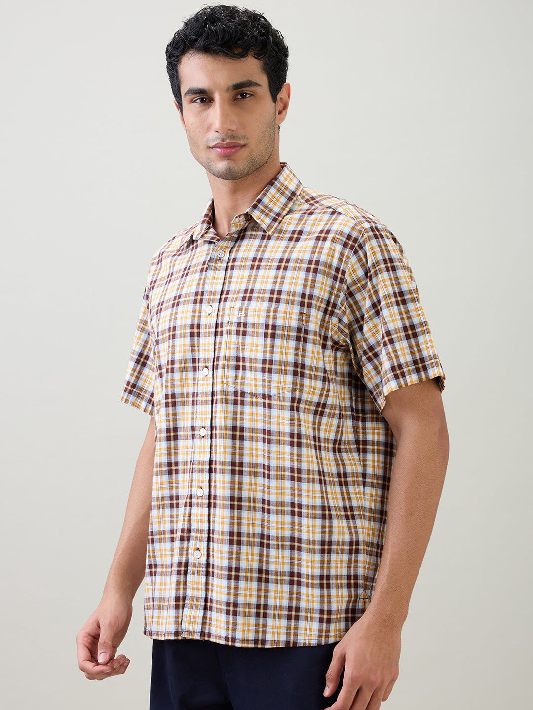 Colorplus Men Brown Checks Comfort Fit Cotton Half Sleeve Casual Shirt