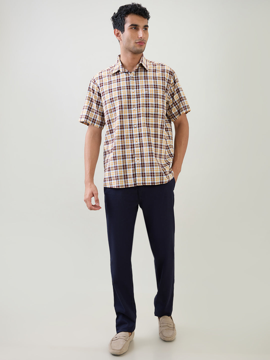 Colorplus Men Brown Checks Comfort Fit Cotton Half Sleeve Casual Shirt