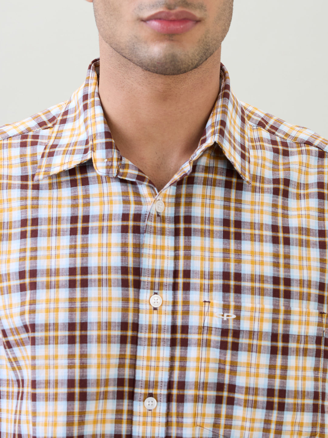 Colorplus Men Brown Checks Comfort Fit Cotton Half Sleeve Casual Shirt