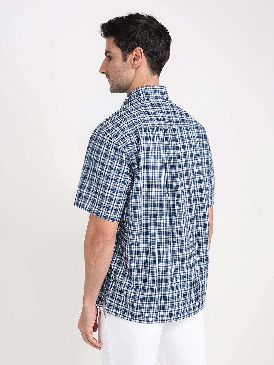 Colorplus Men Blue Checks Comfort Fit Cotton Half Sleeve Casual Shirt