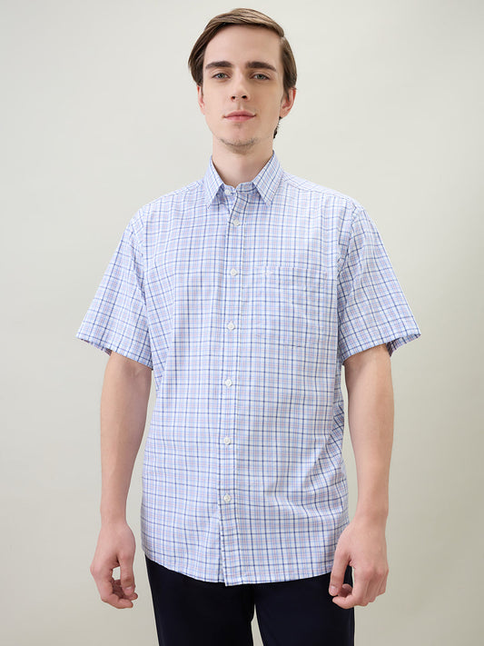 Colorplus Men White Checks Comfort Fit Cotton Half Sleeve Casual Shirt