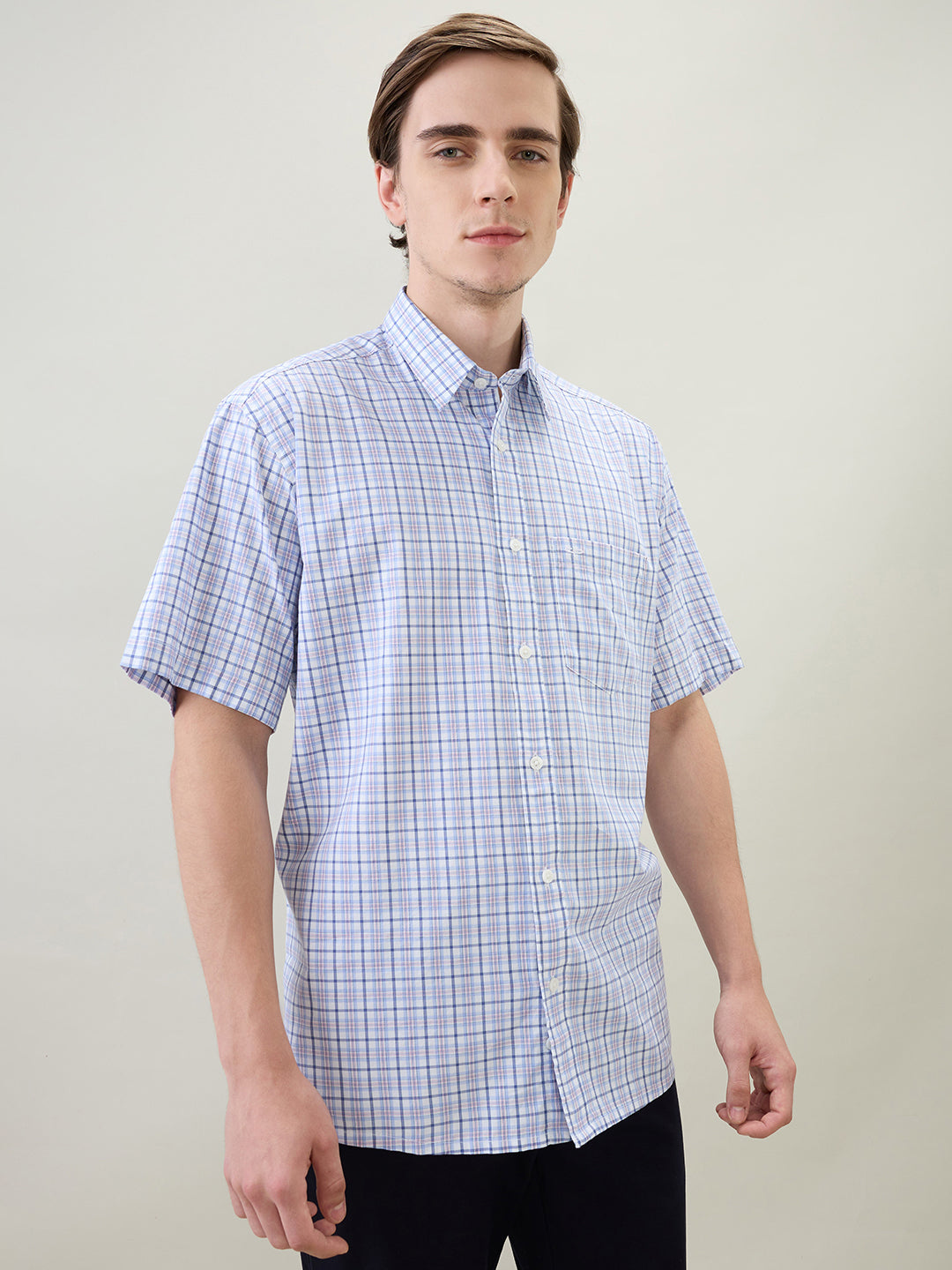 Colorplus Men White Checks Comfort Fit Cotton Half Sleeve Casual Shirt