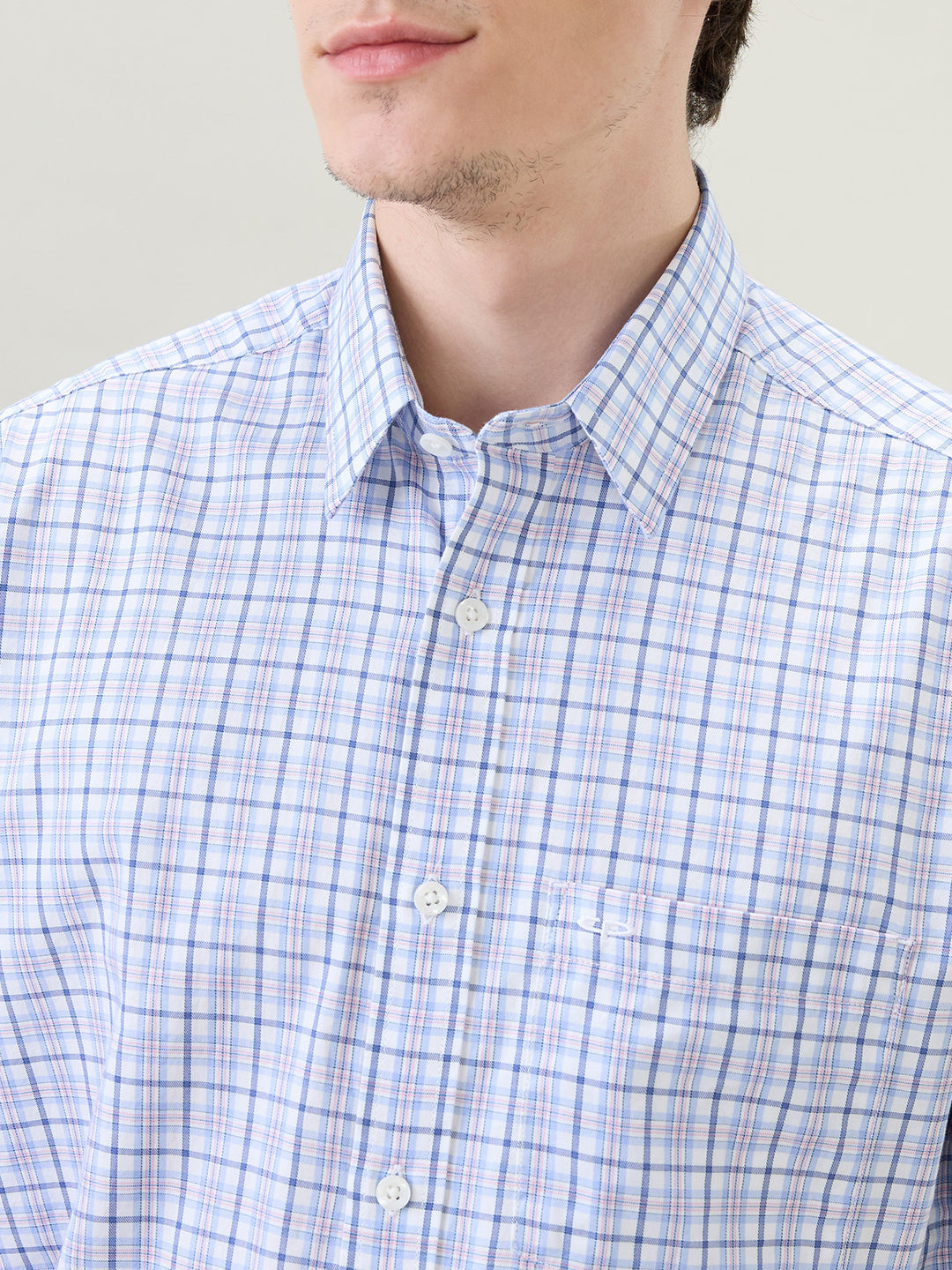 Colorplus Men White Checks Comfort Fit Cotton Half Sleeve Casual Shirt