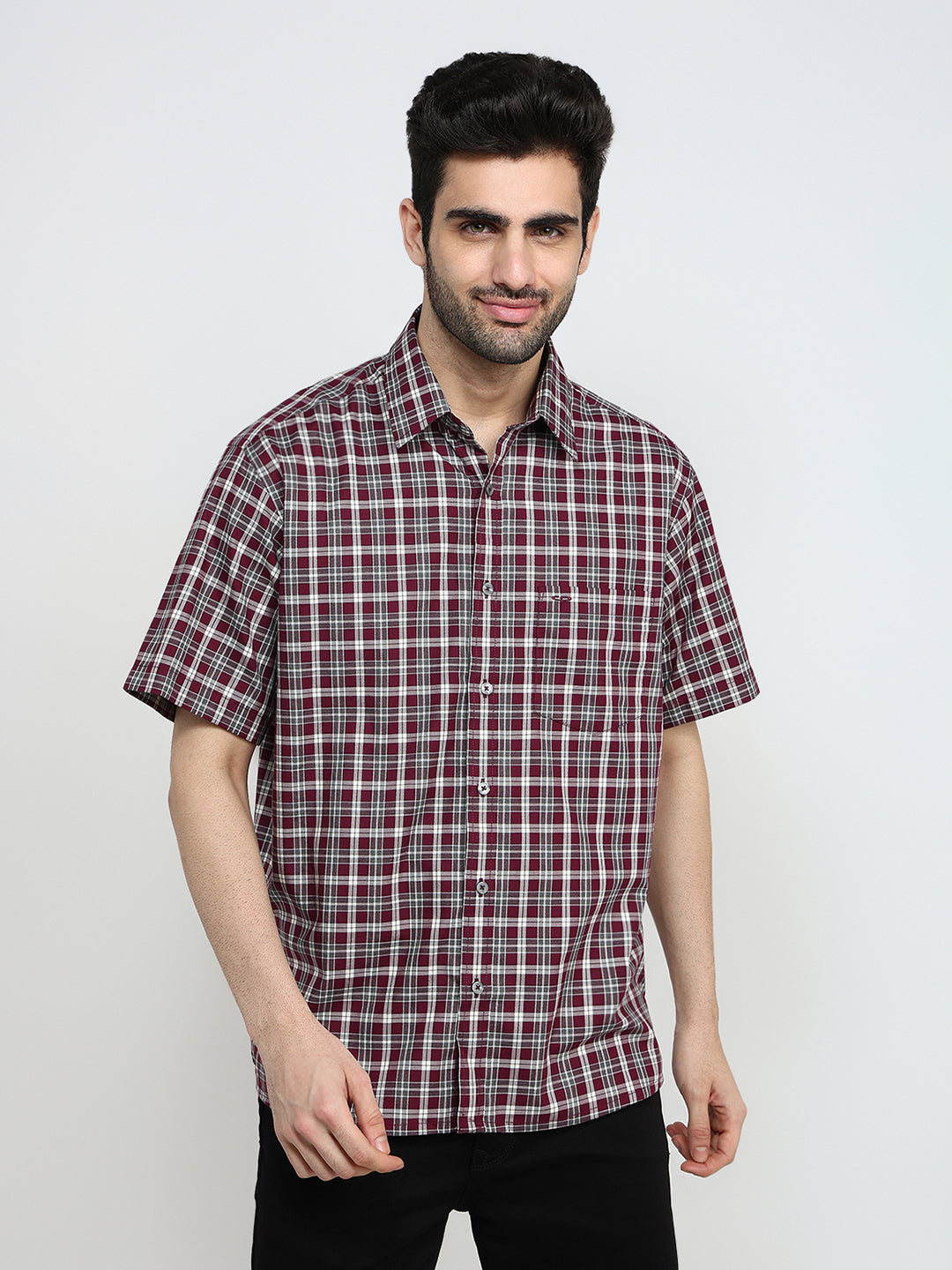 Colorplus Men Maroon Checks Comfort Fit Cotton Half Sleeve Casual Shirt
