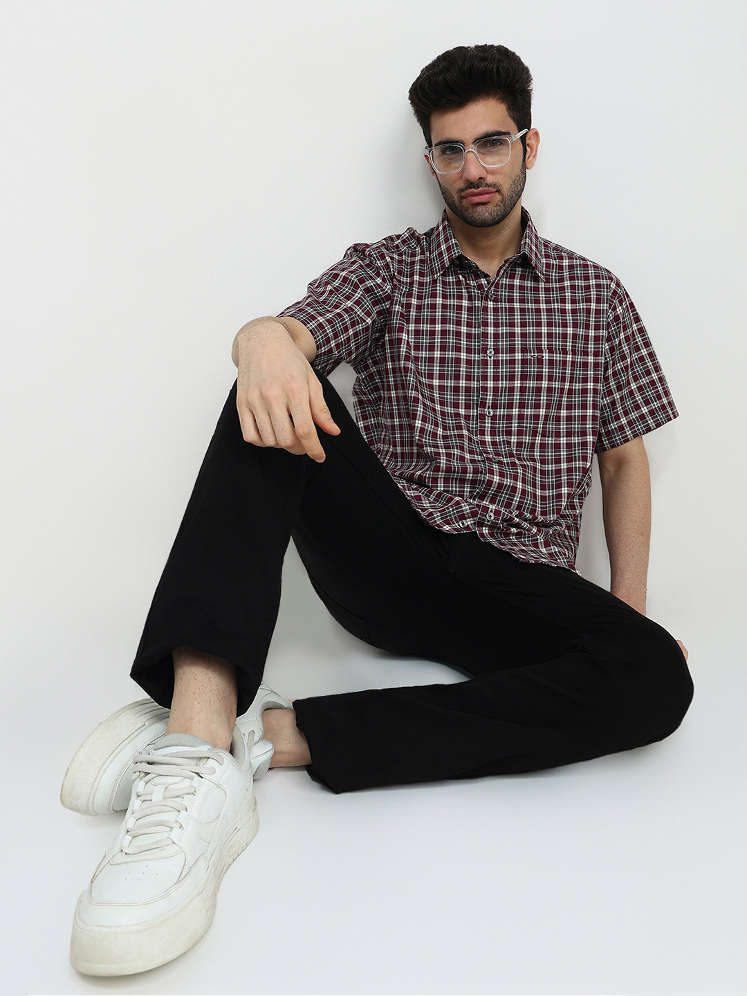 Colorplus Men Maroon Checks Comfort Fit Cotton Half Sleeve Casual Shirt