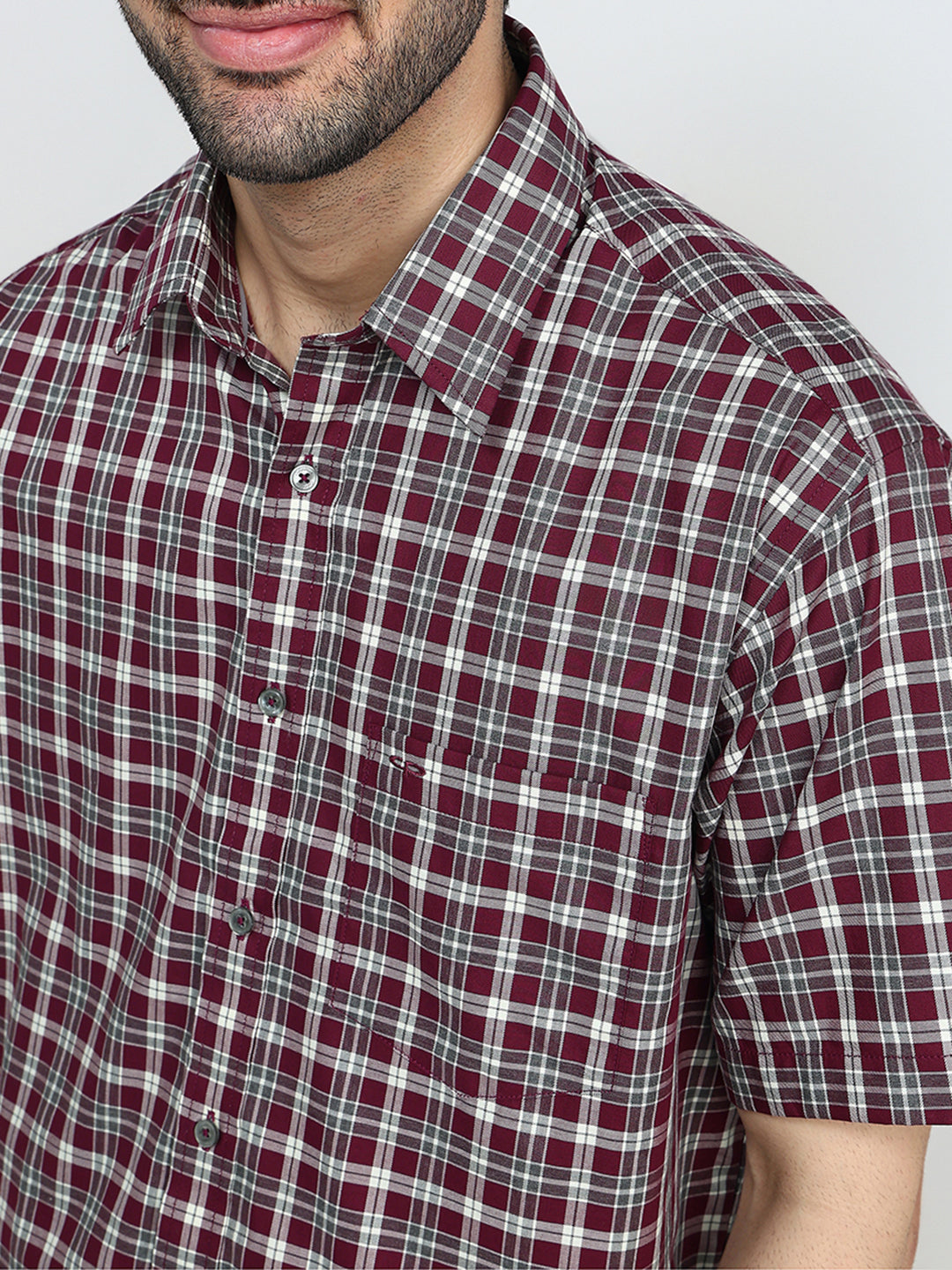 Colorplus Men Maroon Checks Comfort Fit Cotton Half Sleeve Casual Shirt