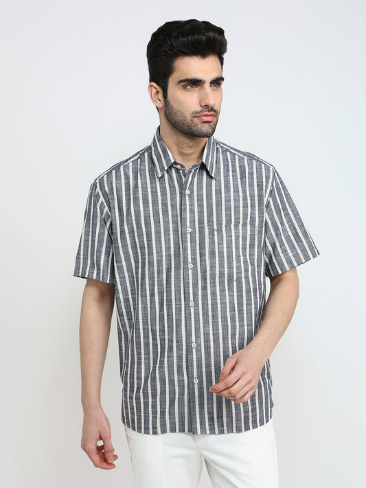 Colorplus Men Black Stripe Comfort Fit Cotton Half Sleeve Casual Shirt