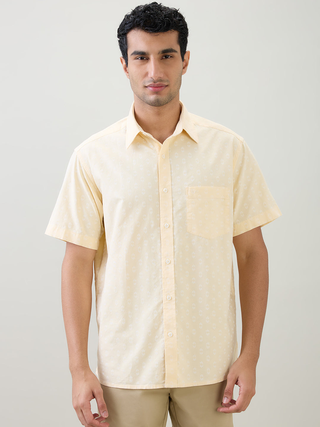 Colorplus Men Yellow Printed Comfort Fit Cotton Half Sleeve Casual Shirt