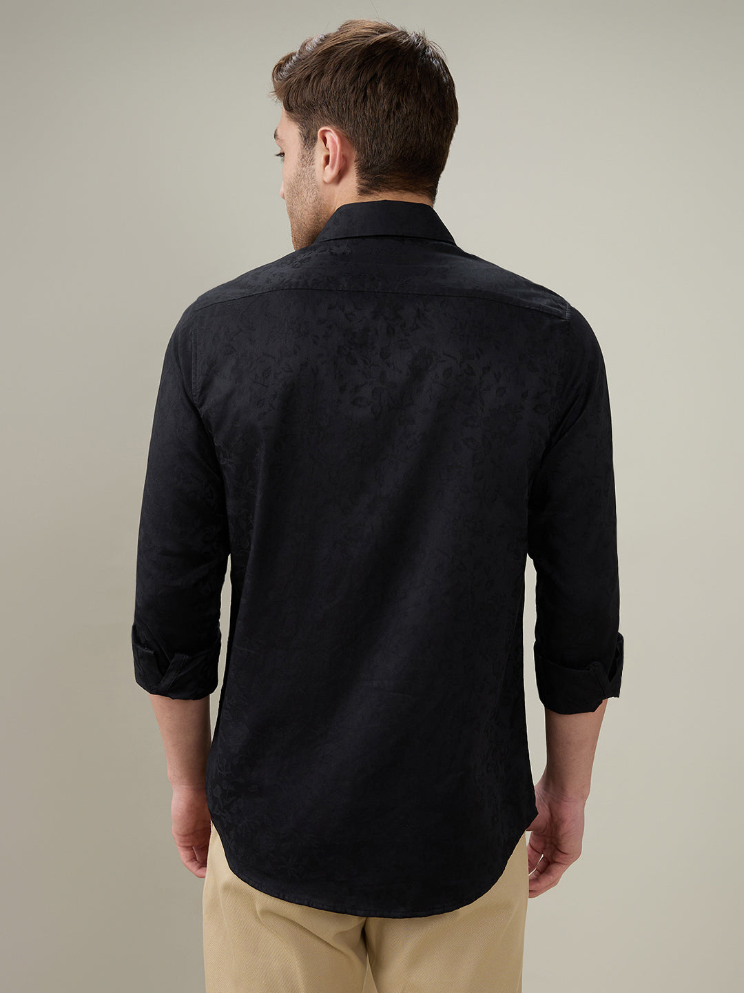 Colorplus Men Black Jacquard Slim Fit Cotton Full Sleeve Casual Shirt