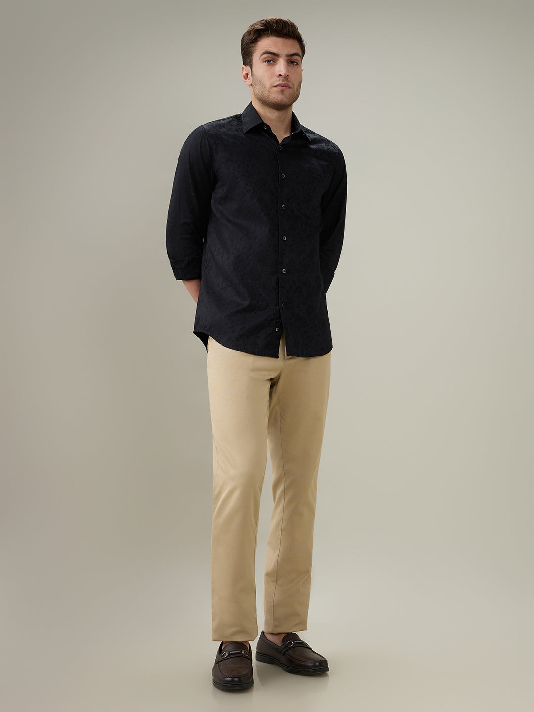 Colorplus Men Black Jacquard Slim Fit Cotton Full Sleeve Casual Shirt