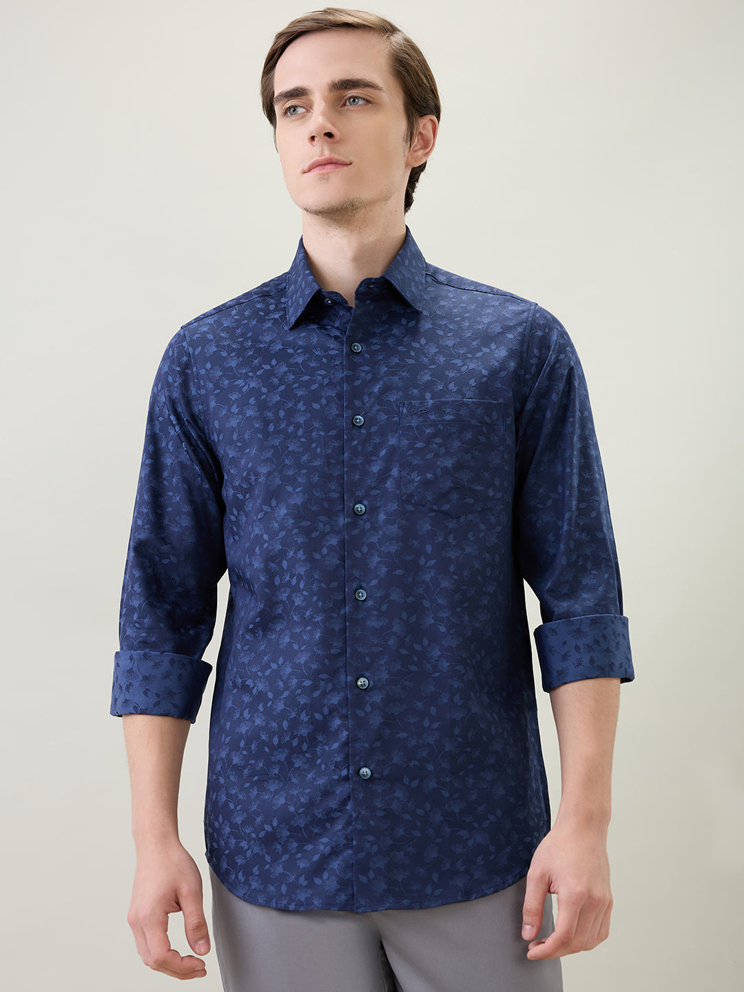 Colorplus Men Blue Jacquard Slim Fit Cotton Full Sleeve Casual Shirt