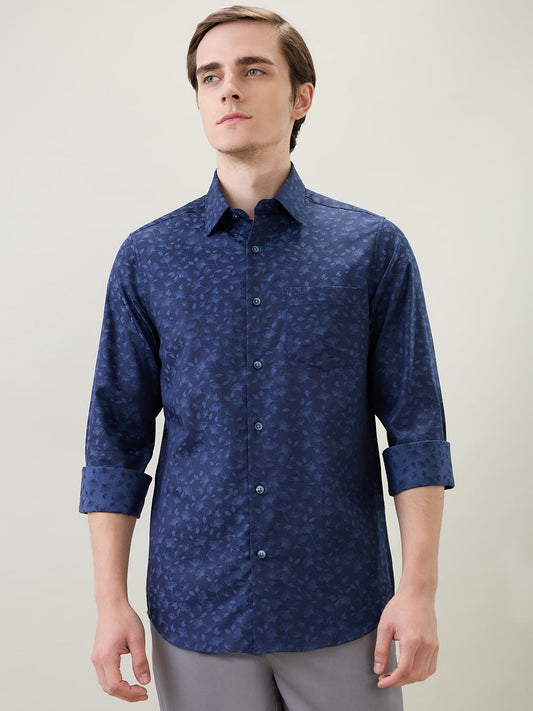 Colorplus Men Blue Jacquard Slim Fit Cotton Full Sleeve Casual Shirt
