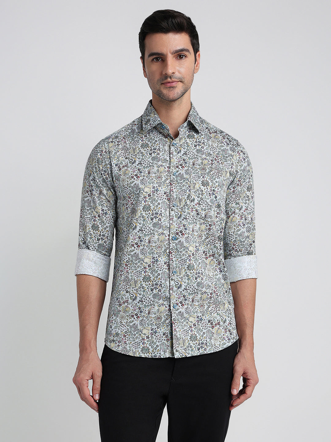 Colorplus Men Blue Printed Slim Fit Cotton Full Sleeve Casual Shirt